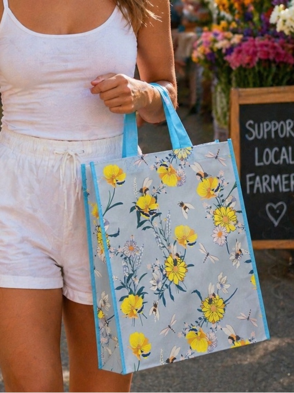 🌸 Legacy Blue Floral Reusable Shopping Tote Bag with Yellow Blooms